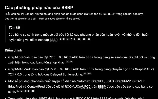 LitReview Q&A view: an answer on BBBP benchmarks where every claim carries numbered, verified citations.