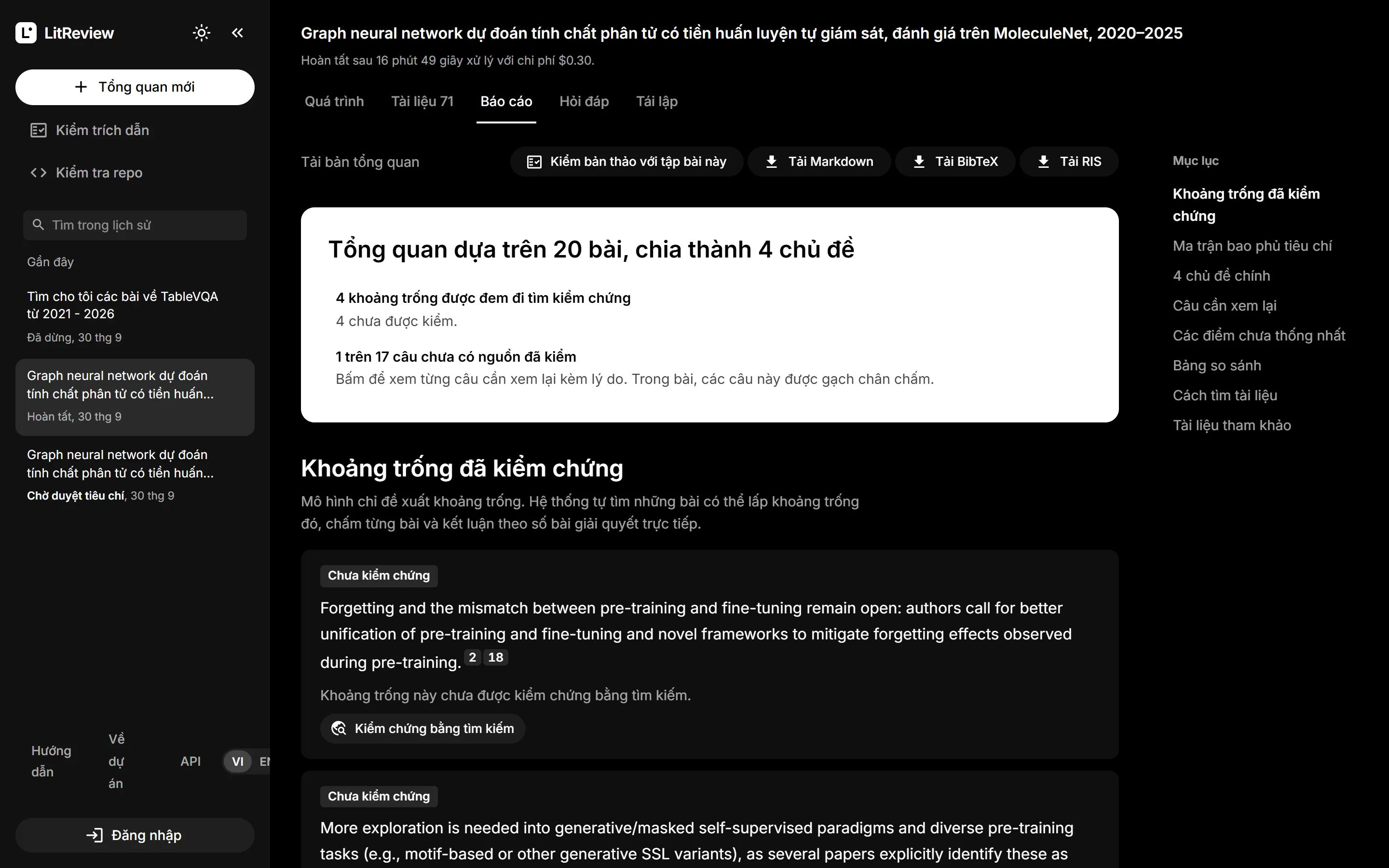 LitReview report: an overview based on 20 papers in 4 themes, with research gaps sent for verification and the one sentence out of 17 without a checked source flagged.