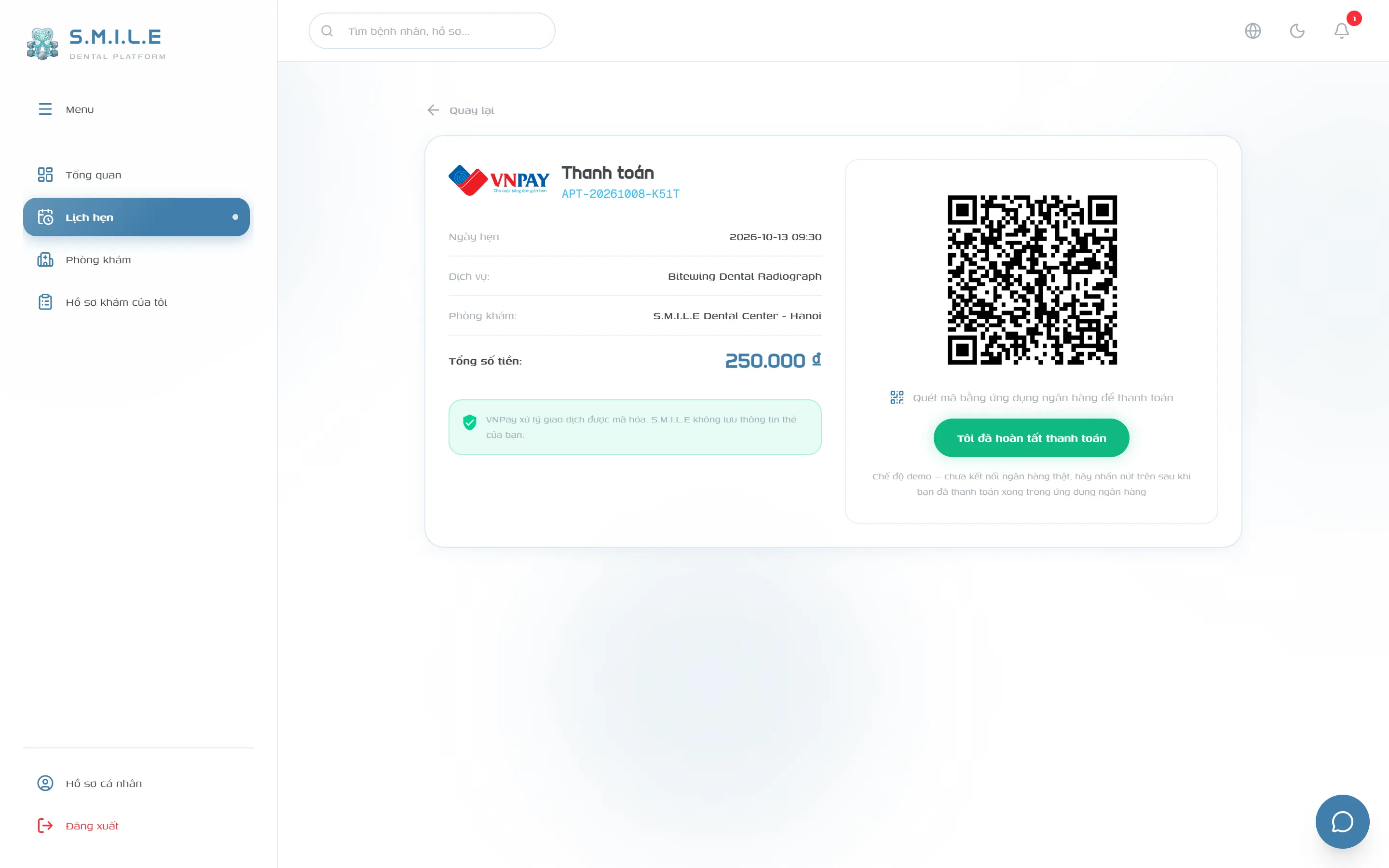 VNPay checkout for appointment APT-20261008-K51T, 250,000 VND, with a QR code and a demo-mode confirmation button.